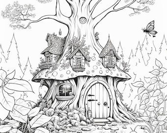 50 Adult Grayscale Coloring Pages - Fairy Houses Adult Printable Book - Book 2 - Digital Download not a Physical Product