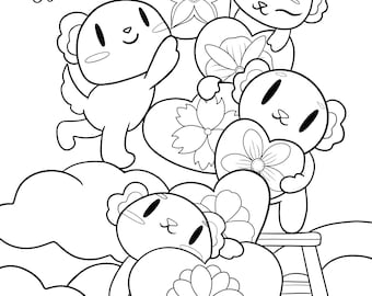 May include: Black and white line art illustration of four cute cartoon bears holding hearts with flowers. The bears are surrounded by clouds and hearts.