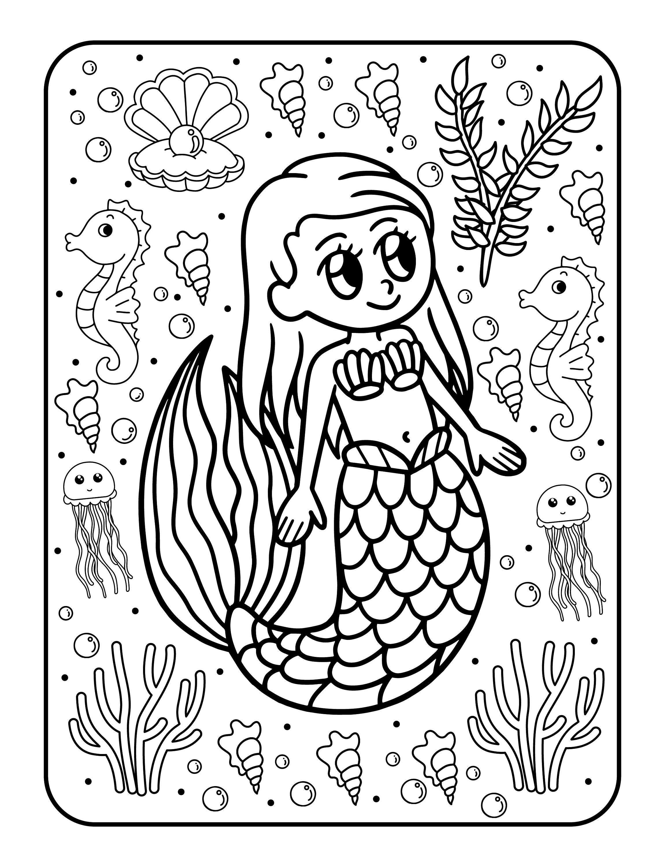 50 Page Mermaid Printable Book - Kids Coloring Pages - Kids Coloring ...