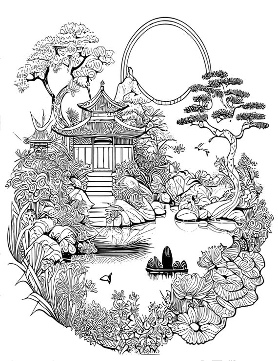 Book1 - 25 Adult Grayscale Coloring Pages - Japanese Garden