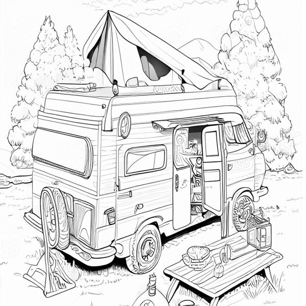 Book2 - 34 Camping Adult Grayscale Coloring Pages - Campers Travel Trailers Caravan - Digital not a Physical Product