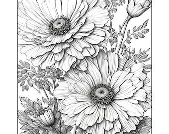 Può includere: Un disegno in bianco e nero di un mazzo di fiori. I fiori sono grandi e hanno molti petali. Il disegno è dettagliato e realistico.