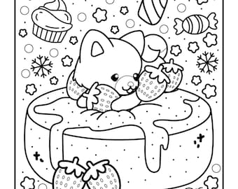 May include: Black and white line art illustration of a cute cartoon animal on a cake, surrounded by sweets and decorative elements. The image includes cupcakes, candies, strawberries, and snowflakes, perfect for coloring.