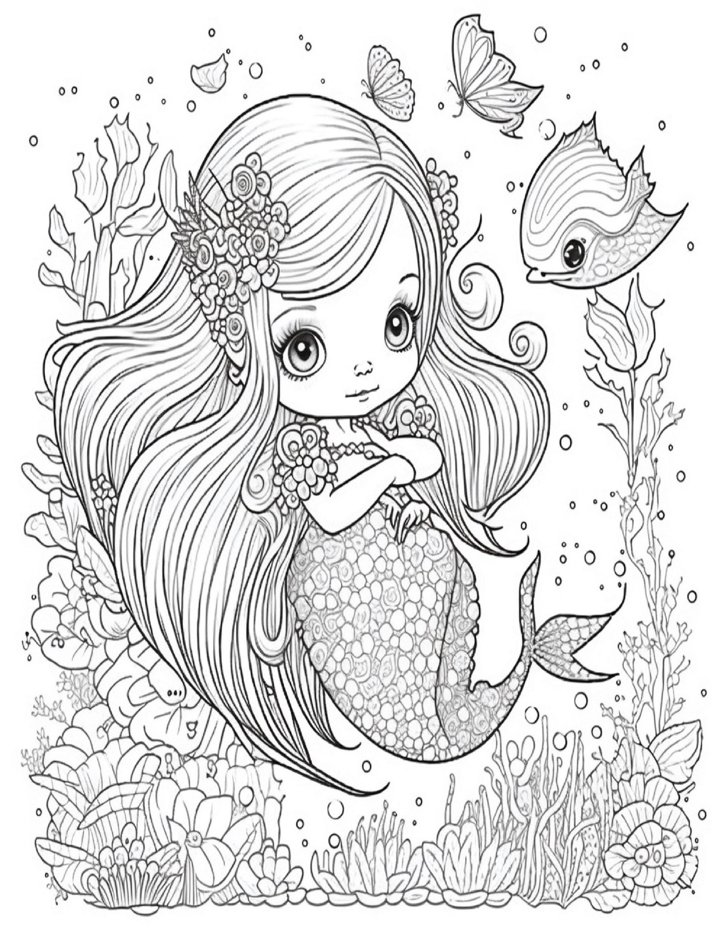 Book1 25 Mermaid Coloring Pages With Ocean Fish Mermaid Printable Pages Adult Grayscale Digital