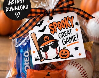 Etiquetas para dulces de béisbol de Halloween, imprimibles para el gran juego de Halloween, dulces para el equipo de béisbol, descarga instantánea