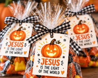 Etichette "Gesù è la luce del mondo", stampabili per "Dolcetto o scherzetto" (Trunk or Treat), etichette per dolcetti di Halloween per la chiesa, etichette per bomboniere cristiane di Halloween