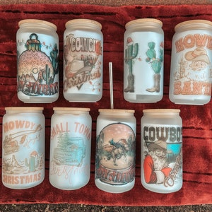 Western Glass Cans | Christmas Glass Cans | Cowboy Christmas | Christmas Gifts | Cowboy | Cowgirl | Libbey Glass Cans