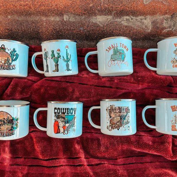 Western Christmas Mugs | Western Campfire Mugs | Cowboy Mugs | Cowboy Christmas | Christmas Mugs | Western Enamel Mugs