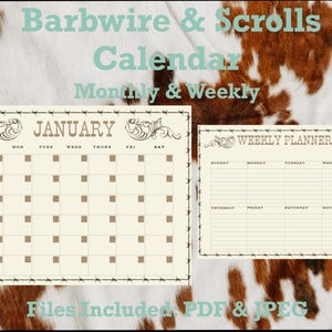 Barbed Wire and Scrolls Digital Calendar Template Monthly & Weekly | Western Calendar Template | Digital Western Calendar Template