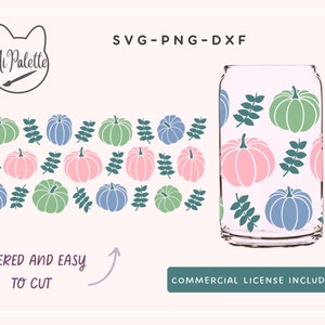 Puede incluir: Un diseño digital con un patrón de calabazas verdes, rosas y azules con hojas. El diseño está en capas y es fácil de cortar. El diseño está disponible en formatos SVG, PNG y DXF. Se incluye una licencia comercial.