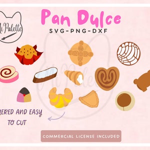 May include: A set of ten layered and easy to cut SVG files for crafting Pan Dulce, a traditional Mexican sweet bread. The designs include a concha, a pig, a croissant, a heart-shaped pastry, and more.