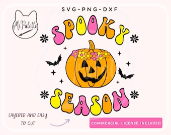Spooky Season Retro Pumpkin with Flowers - Halloween Digital Download SVG PNG DXF for Cricut - Silhouette - Retro fall Archivo digital