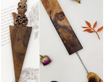 Hand Carved Wood Bookmark – Floral and heart Design – Handmade Wooden Book Lover Gift