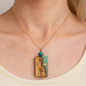 Handmade Oleaster Wood Pendant – 18k Gold, Turquoise Resin, Lake Inspired