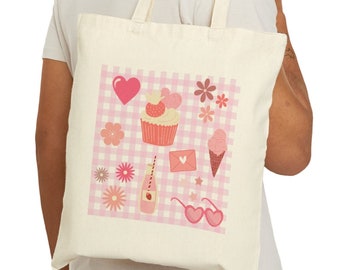 Pink Gingham Cotton Canvas Tote Bag, Pink Lover Tote Bag, Canvas Book Bag, Farmers Market Bag, Fun Girlie Print Bag