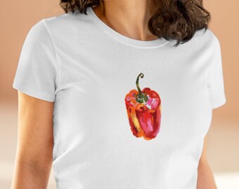 Cute Red Pepper Print Women's Midweight Cotton Tee, Baby Tee, 90s Y2k Aesthetic, Summer Veggies, Gift for her