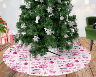 Fun Pink Christmas Tree Skirt, Pink Hearts Ho Ho Ho Girly Tree Skirt