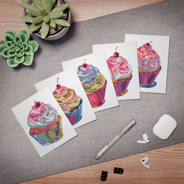 Colorful Cupcakes Multi-Design Blank Greeting Cards 5-Pack, Sweet Treat, Desserts Note Cards, Gift for Baker