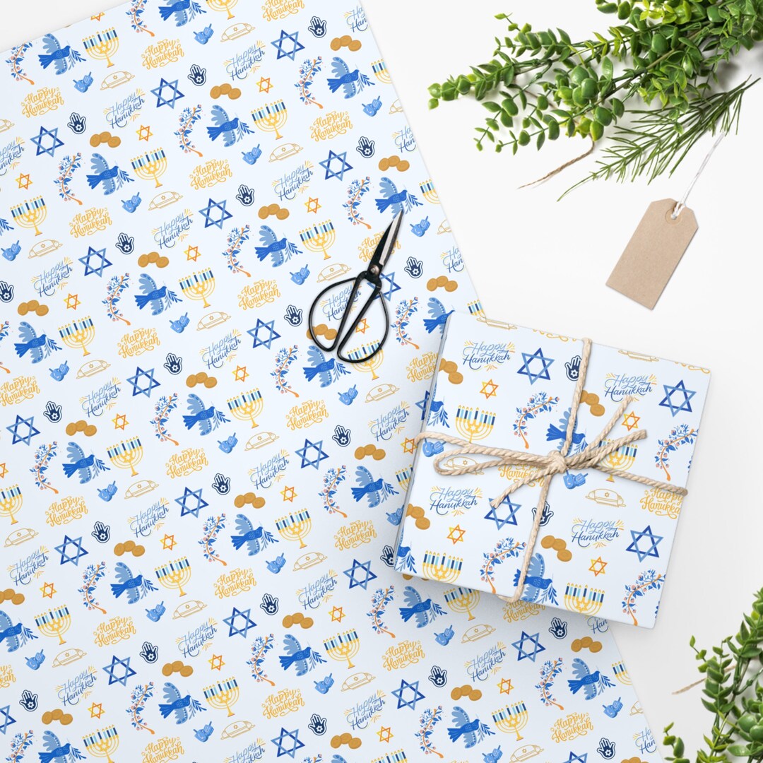 Hanukkah Wrapping Paper, Blue White Yellow Paper, Happy Hanukkah Gift