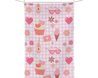 Girlie Prink Gingham Hearts Print Soft Tea Towel, Girly Pink Hostess Gift