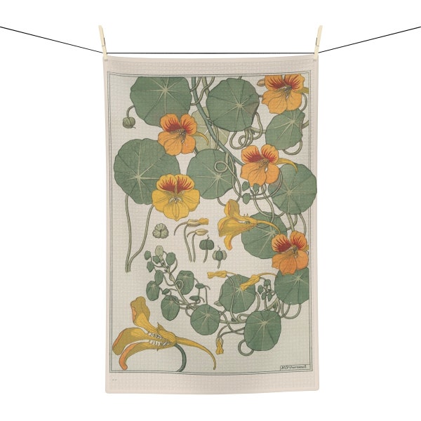 Cottagecore Nasturtium Botanical Print Soft Tea Towel, Hostess Gift, Vintage Botanical Home Decor