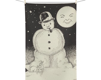 Vintage Snowman Print Soft Tea Towel, Hostess Gift, Christmas Winter Home Decor