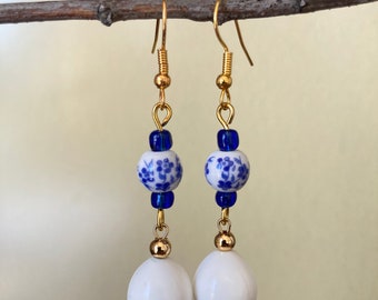 Cottagecore Blue and White Earrings, Handmade Dangly Earrings, Gold Plated, Gift for Her, Ceramic Beads, Upcycled Vintage Beads