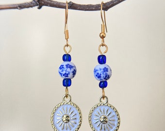 Classic Boho Maximalist Sunshine Earrings, Gold and Blue Earrings, Elegant Drop Earrings, Gift for Her, Hypoallergenic