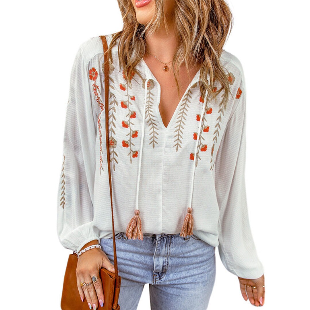 Bohemian Embroidered Blous Long Sleeve Blouse tassel Tie - Etsy