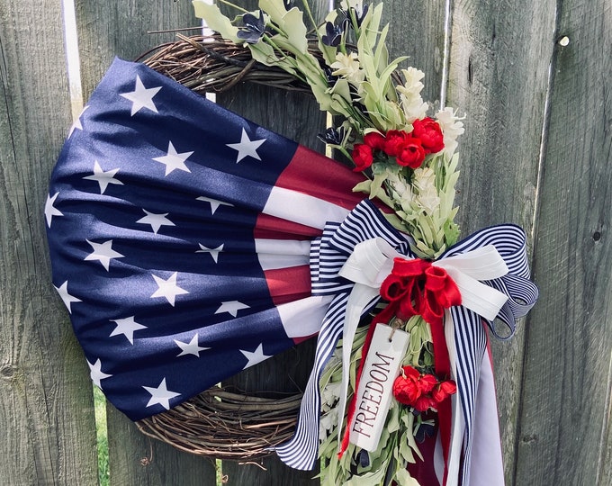 Featured listing image: Patriotic Wreath, America, Red White & blue, veteran, Farmhouse, American Flag Wreath, rustic, summer decor, Memorial Day, Fall decor