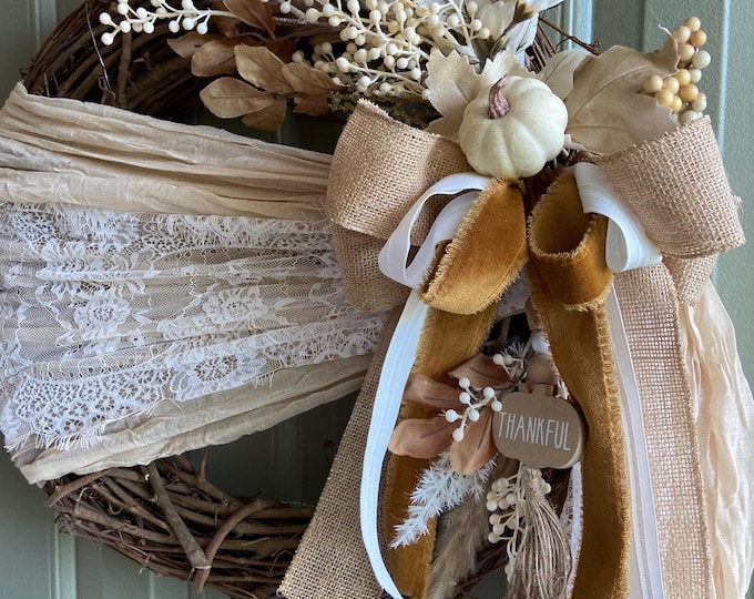 Featured listing image: Fall wreath - thankful/blessed, elegant boho, neutral, light up