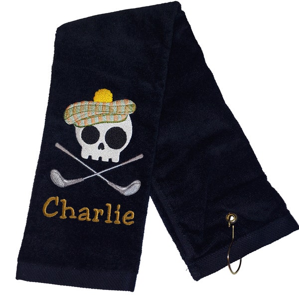 Black Personalized Embroidered Skull Golf Bag Golf Hand Towel, Personalized Golf Towel with Grommet