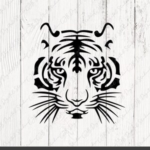 May include: Black and white silhouette of a tiger's face with stripes and whiskers.