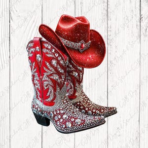 Chapeau et bottes de cow-girl Bling rouge PNG, Design Western Sublimation, Delta Sigma Theta, téléchargement numérique, bottes et T-shirt Bling Design DTF