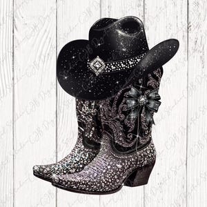 Chapeau et bottes de cow-girl Bling noir PNG, sublimation de cow-girl, strass Cowboy Clipart, téléchargement numérique, Design DTF de T-shirt Trailride