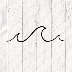 May include: A black and white line drawing of a wave on a white wood background. The wave is stylized and simple, with a single curve.