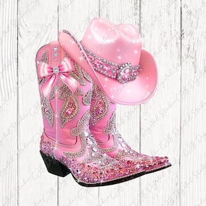 Pink Bling Cowgirl Stiefel und Hut PNG, Western Sublimationsdesign, Glitzer Cowboy Clipart, digitaler Download,Trailride T-Shirt DTF Design