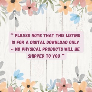 Może przedstawiać: R&oacute;żowo-biały znak z czarnym tekstem, kt&oacute;ry brzmi: **PLEASE NOTE THAT THIS LISTING IS FOR A DIGITAL DOWNLOAD ONLY - NO PHYSICAL PRODUCTS WILL BE SHIPPED TO YOU**.