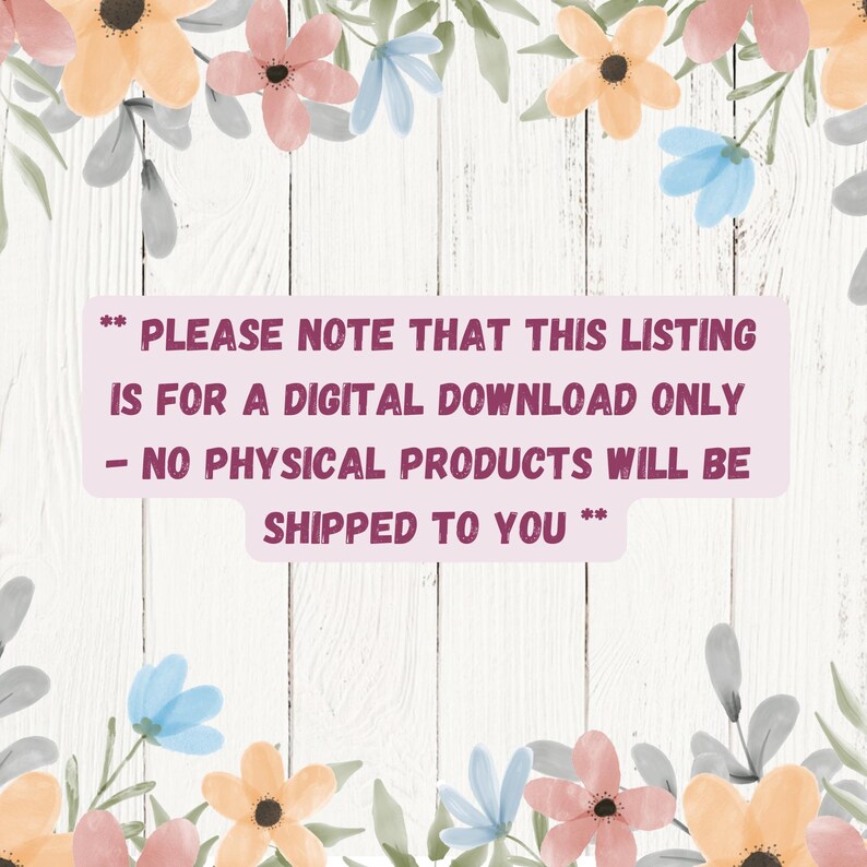 Może przedstawiać: R&oacute;żowo-biały znak z czarnym tekstem, kt&oacute;ry brzmi: **PLEASE NOTE THAT THIS LISTING IS FOR A DIGITAL DOWNLOAD ONLY - NO PHYSICAL PRODUCTS WILL BE SHIPPED TO YOU**.