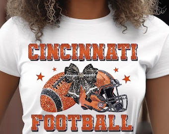 Cincinnati Football Glitter PNG, Orange Sparkle Helmet Bow, Rhinestone Bengals Game Day Mom Shirt Design, Digital Download Sublimation DTF