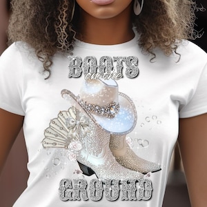 White Cowgirl Boots Hat PNG, Boots on the Ground Clack Fan, Silver Rhinestone Boots, Bling Sublimation Design Digital Download for Shirts
