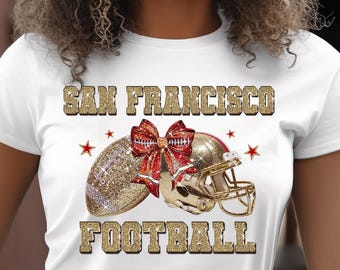 San Francisco Football Glitter PNG, Gold Sparkle Helm Rote Schleife, Strass 49ers Spieltag Mom Shirt, digitaler Download Sublimation DTF