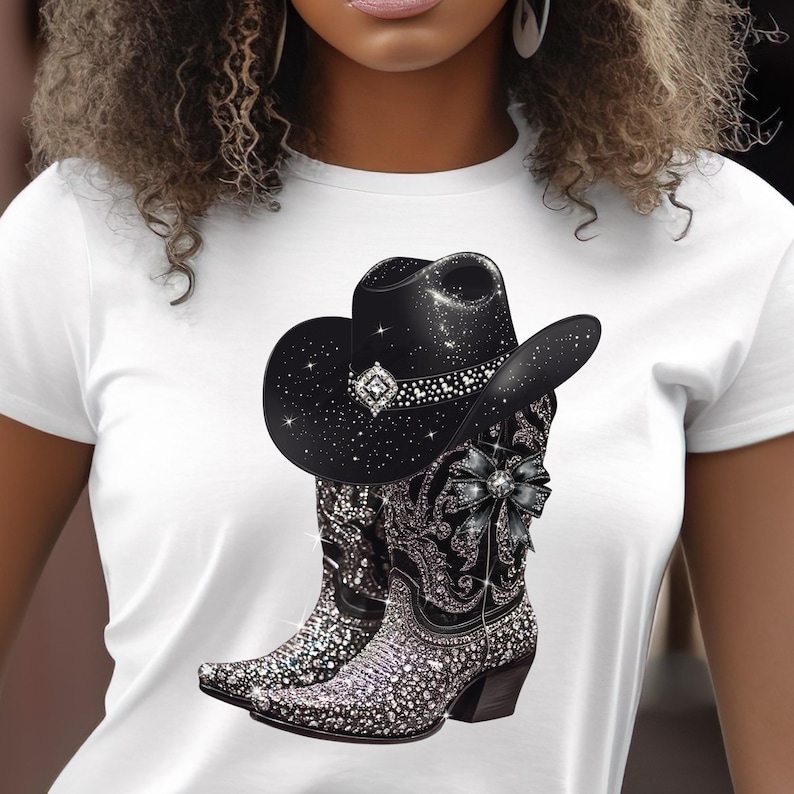 May include: White t-shirt with a black cowboy hat and boots covered in rhinestones.