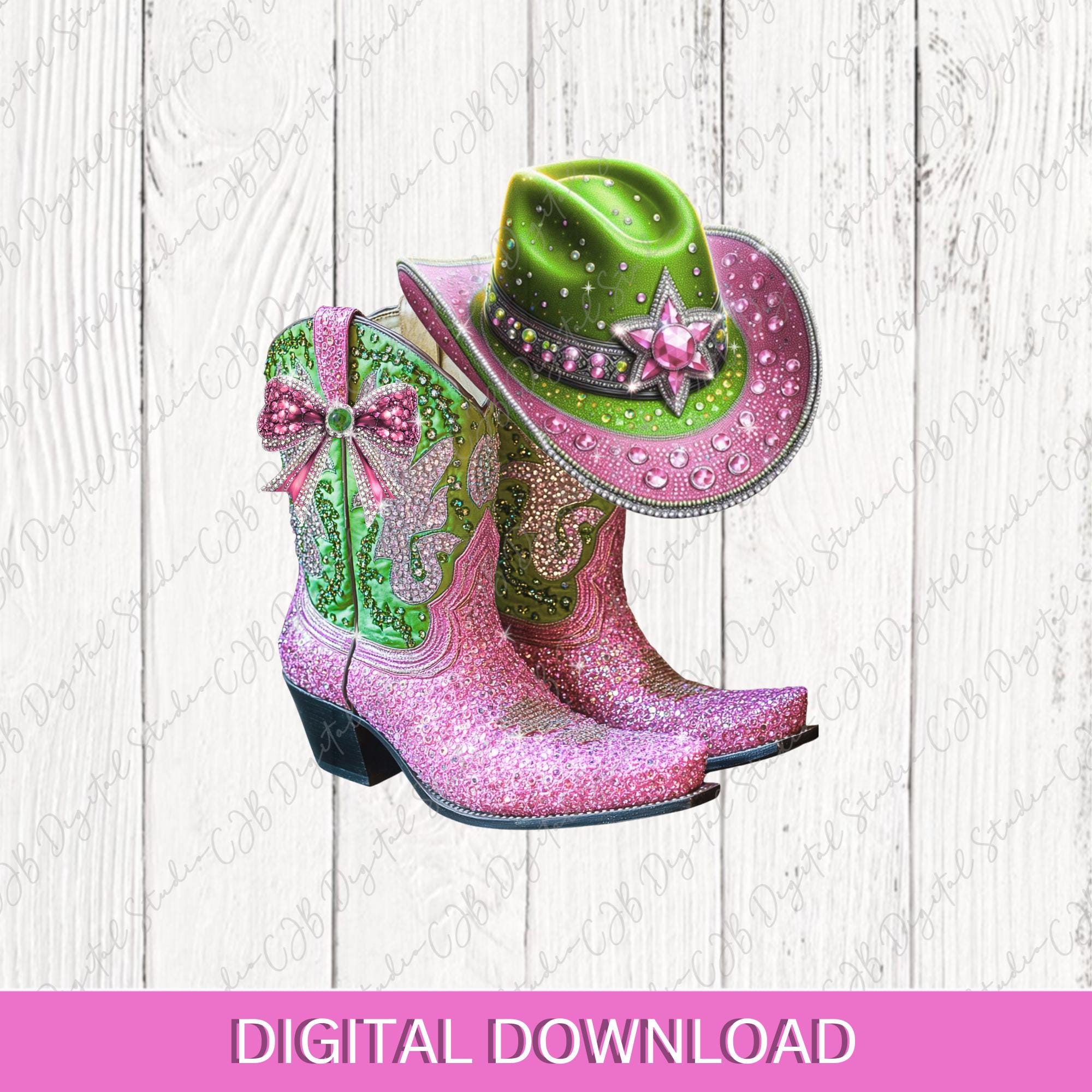 AKA Sorority Pink Green Cowgirl Boots Hat PNG, Clack Fan, Boots Bling, Black Cowgirl, Trailride T-Shirt Design, Sublimation DTF Download