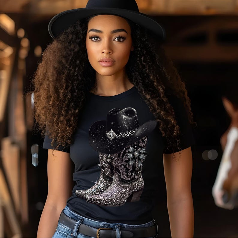 May include: Black t-shirt with a rhinestone cowboy hat and boots design. The design features a black cowboy hat with a silver band and a pair of black cowboy boots with rhinestones.