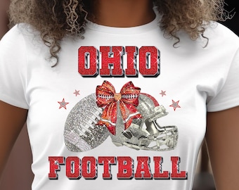 Ohio State Football Glitter PNG, Red Sparkle Helm & Silber Bogen, Strass Spieltag Mom Shirt Design, Sublimation DTF Transfer Download