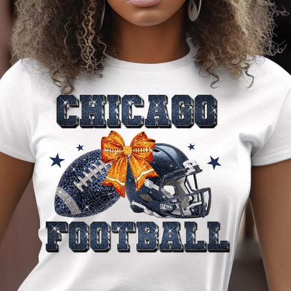 Chicago Football Glitter PNG, Navy Sparkle Helmet & Orange Bow, Rhinestone Bears Game Day Mom Shirt Design, Digital Download Sublimation DTF