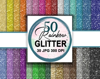 Op de afbeelding: Een digitale download van 50 digitale glitterpapieren in regenboogkleuren. Elk papier is 300 DPI en 30 JPG-bestanden.