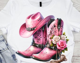 Pink Cowgirl Boots PNG Floral, Western Hat Country Girl Sublimation Design, Clipart, Southern Rodeo Cowboy Shirt Graphic, Digital Download