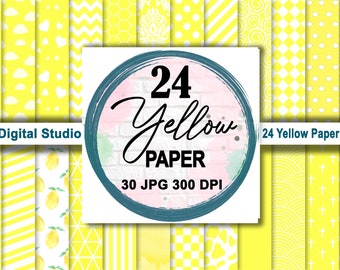 Gult digitalt papperspaket, sömlöst papper, gult och vitt scrapbookpapper, gula mönster, set med 24, direkt nedladdning 12x12